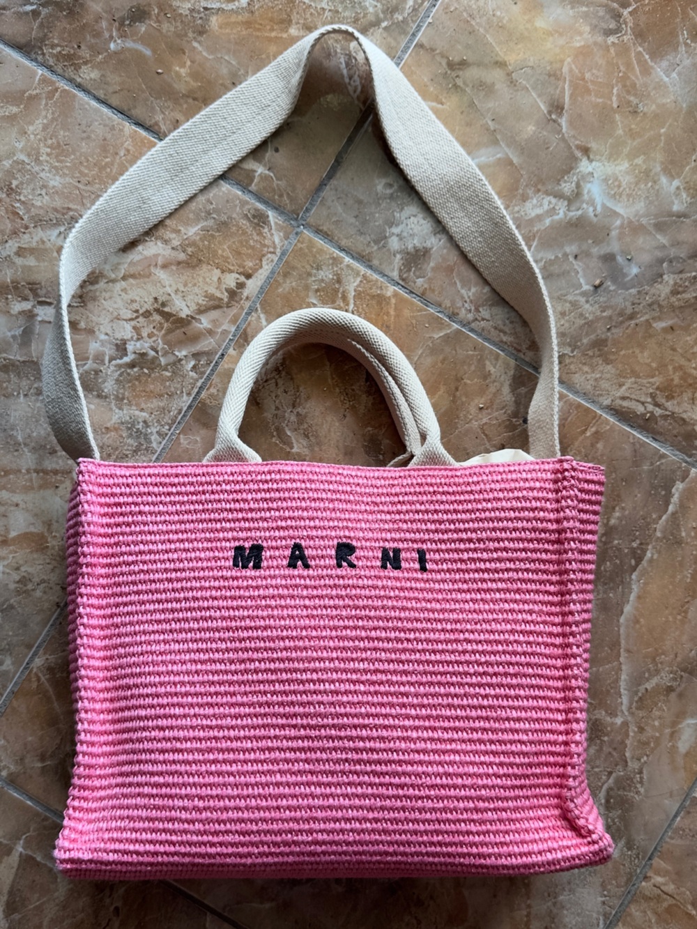 Marni Pink raffia effect Tote with Cream Handles